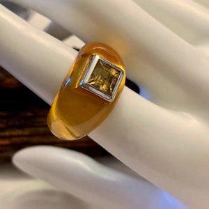 Sterling, Resin  & Square Faceted Citrine Stone Center Ring - Size 8